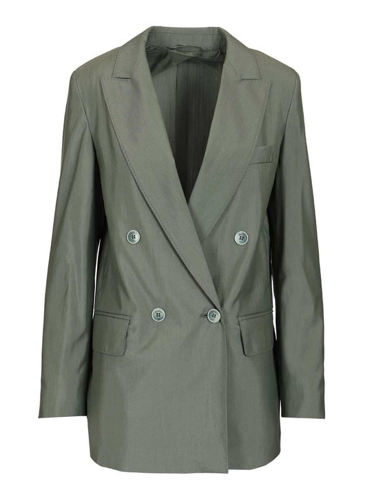 Albata Cotton Poplin Silk Wool Double Breasted Blazer Jackets Green