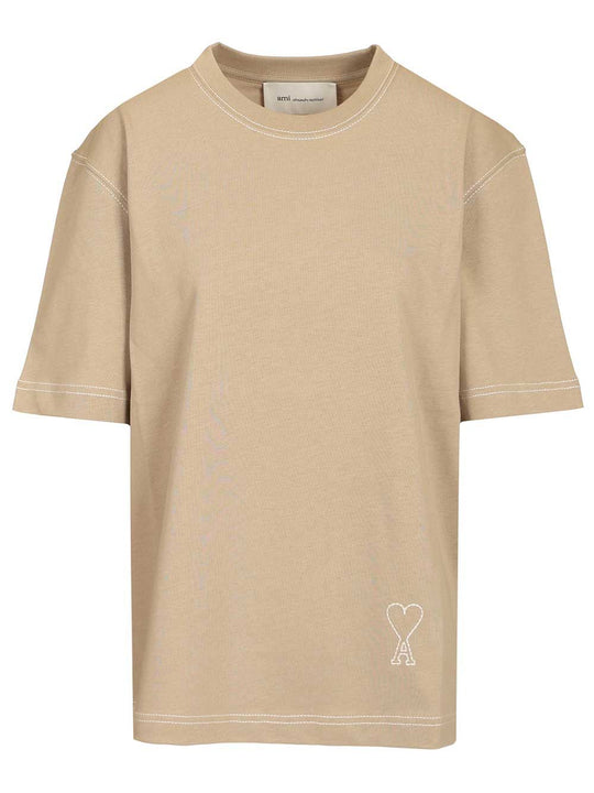 Short Sleeves Boxy Fit Teeshirt With Topstitched Ami De Coeur T-Shirt Beige