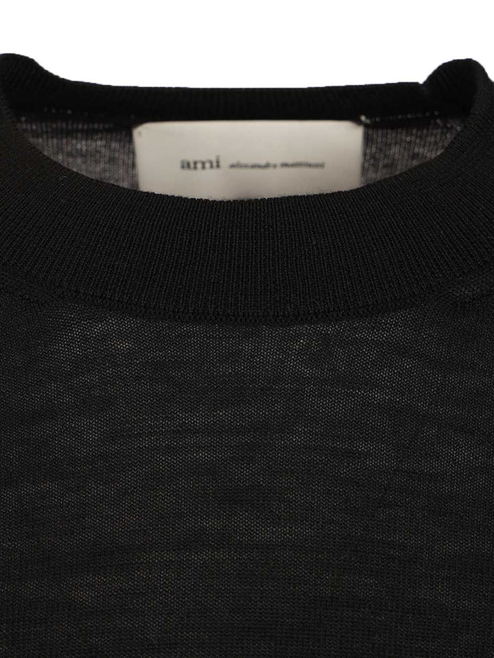 Ami Quota -Crewneck Sweater With Contrasted Ami De Coeur Knitwear - Black | 5859477040ad59e96bea5cb2828da74e26d65b68