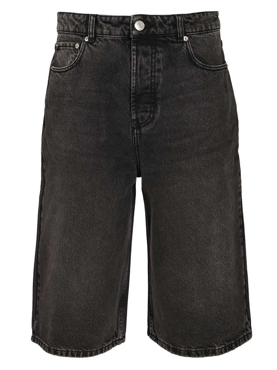 Large Fit Bermuda Shorts Used Denim Trousers Black