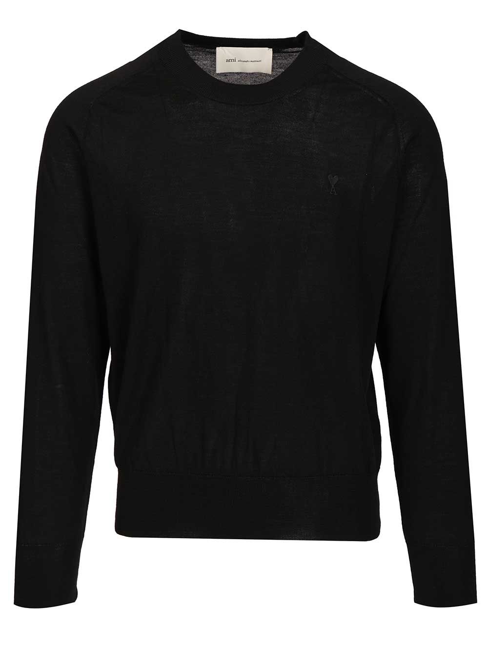 Ami Quota -Crewneck Sweater With Contrasted Ami De Coeur Exrafine Merino Wool Knitwear - Black | 5077fe3e3f0110edb7bfb3395fcf1c4ff21f349a