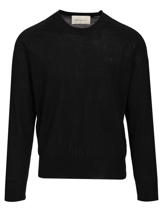 Quota -Crewneck Sweater With Contrasted Ami De Coeur Exrafine Merino Wool Knitwear Black