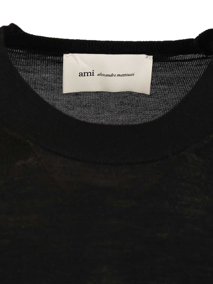 Ami Quota -Crewneck Sweater With Contrasted Ami De Coeur Exrafine Merino Wool Knitwear - Black | b260050710bca5586bfe1aa91a9168e3a50633b3
