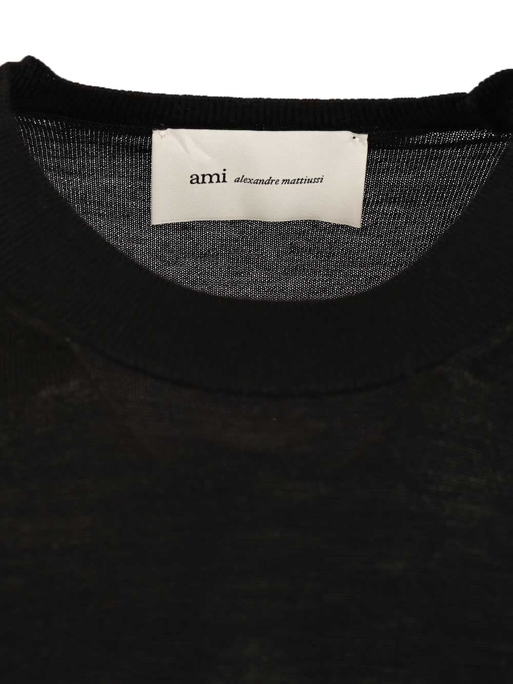 Ami Quota -Crewneck Sweater With Contrasted Ami De Coeur Exrafine Merino Wool Knitwear - Black | b260050710bca5586bfe1aa91a9168e3a50633b3