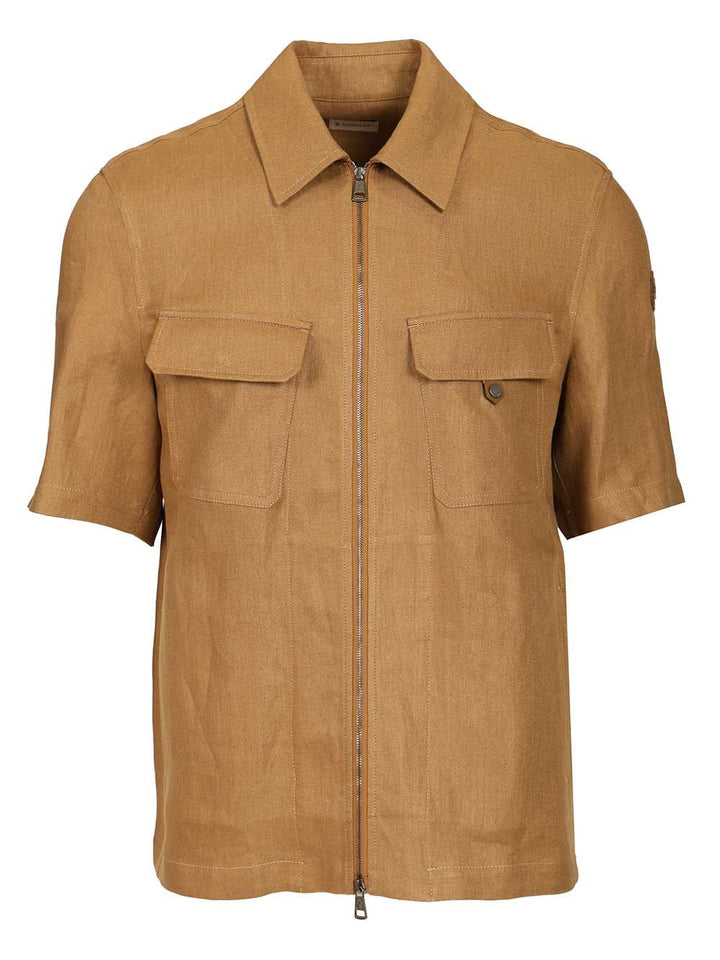 Moncler Short-Sleeved, Zip-Up Shirt In Linen Twill Shirts - Beige | f68f1185c121ba3d79342c2828b827fa7685a630
