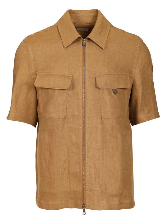 Short-Sleeved, Zip-Up Shirt In Linen Twill Shirts Beige