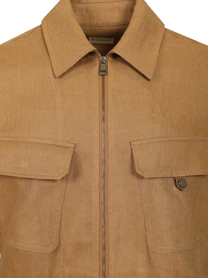 Moncler Short-Sleeved, Zip-Up Shirt In Linen Twill Shirts - Beige | 20623ba6223073f8e8651c50d3e6becea5c3bf21