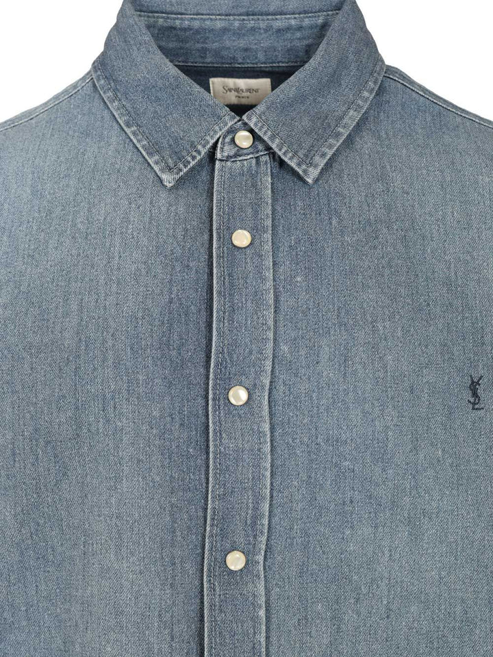 Saint Laurent Cassandre Denim Shirt Shirts - Blue | b03b174a3635e076782d9857047089a9b751dfdc