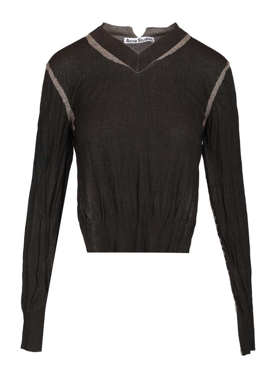 Crumpled V-Neck Sweater Knitwear Brown