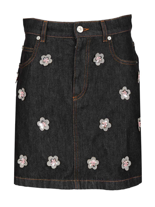 Black Denim Skirt With Daisy Appliques Knitwear Blue