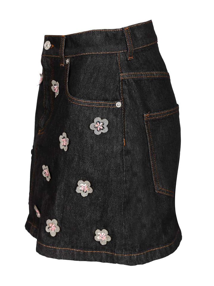 Marni Black Denim Skirt With Daisy Appliques Knitwear - Blue | 24b9252e4c24e0ad43aded18102e25e0f9869e87