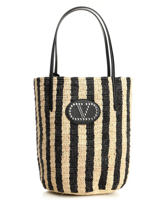 Bucket Bag | Vlogo Signature | Crochet Rafia Stripes/Vac.Liscia/Vit.St. Shoulder Bags Black
