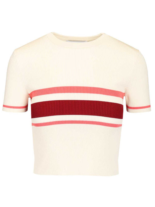 Cream Stripe Viscose Knit Top Knitwear White