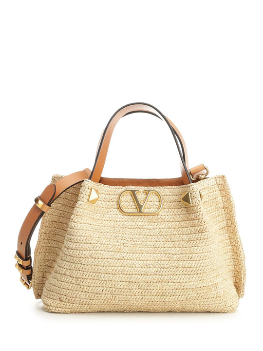 Small Tote | Vlogo Signature | Crochet Rafia/Vac.Liscia/A.Brass Macro S Handbags Beige