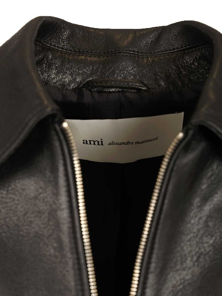 Ami Zipped Jacket Smooth Lamb Leather Jackets - Black | 3d3135f0fb1fea558c27f8c454fdae2a843a1746