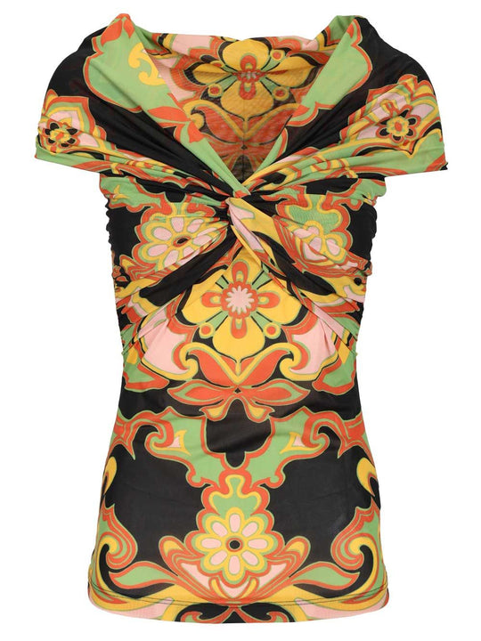 Printed Body With Bart Neckline Tops Multicolor