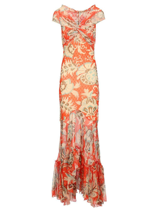 Long Dress With Bardot Neckline And Print Dresses Red