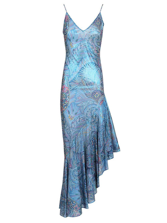 Asymmetrical Dress With Ruffles And Paisley Print Dresses Blue