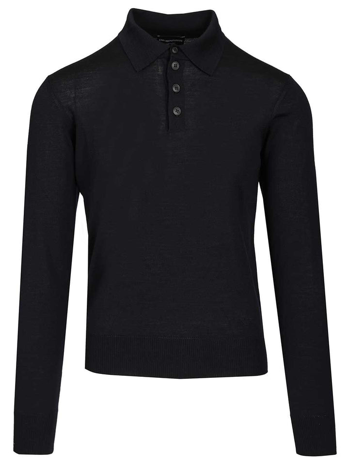 Emporio Armani Long-Sleeved Wool Polo Shirt Knitwear - Blue | 4229982328c949a2932dfe52999692302941d878