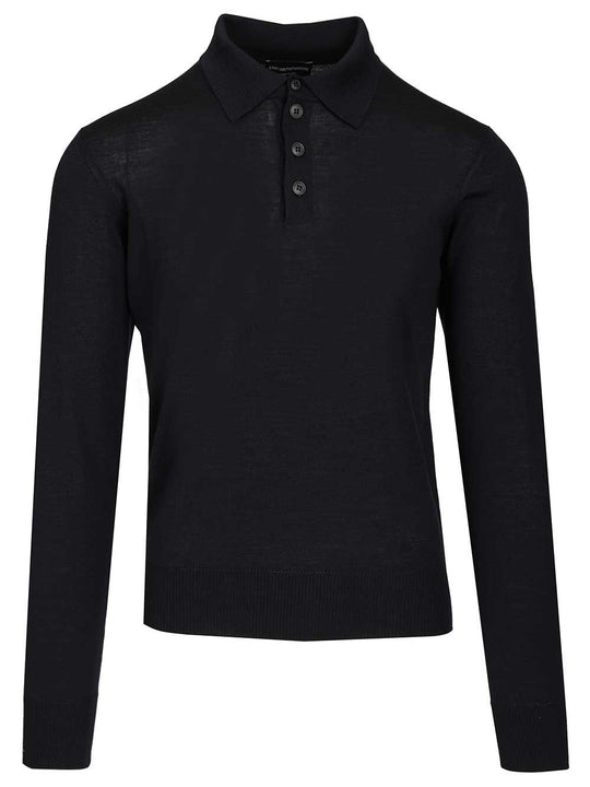 Long-Sleeved Wool Polo Shirt Knitwear Blue