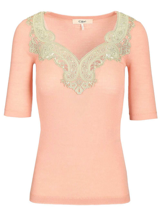 Wool Rib Knitted & Guipure Sweater Knitwear Rose