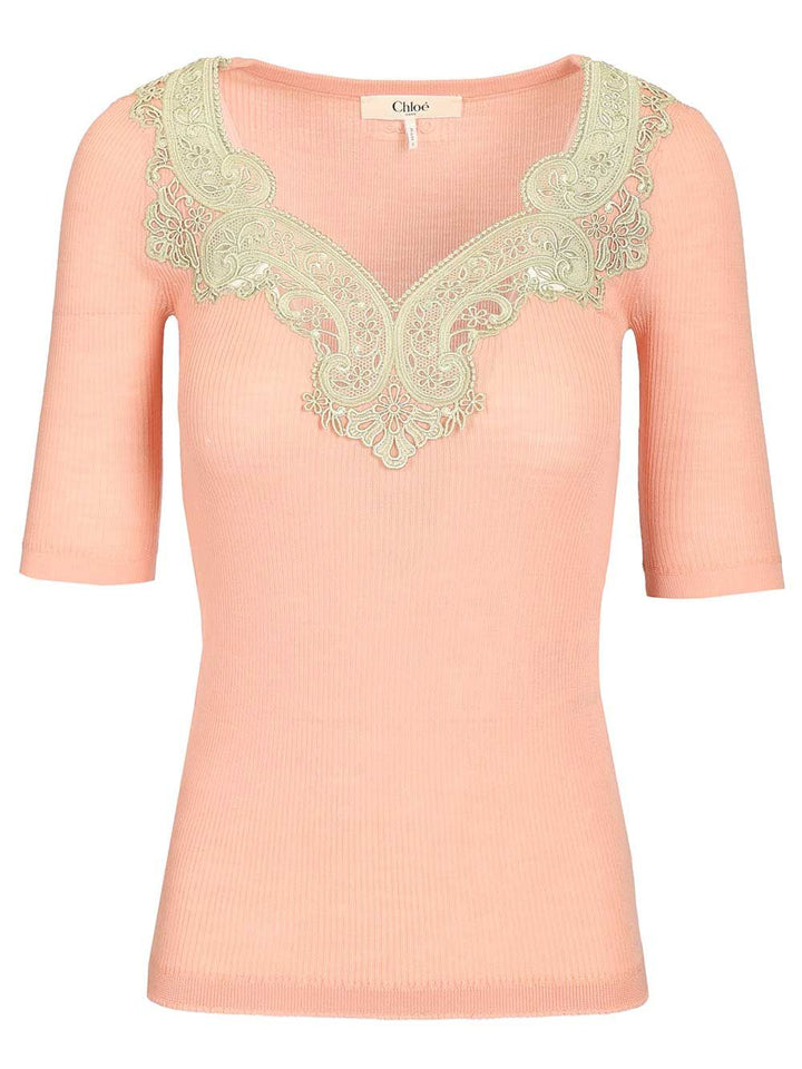Chloe' Wool Rib Knitted & Guipure Sweater Knitwear - Rose | f906a40afaeb50f926888f06331a9cd8b0baa1b3