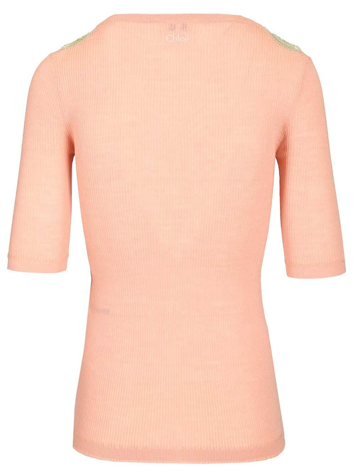 Chloe' Wool Rib Knitted & Guipure Sweater Knitwear - Rose | f60f26ee62d5704d5dccd41f065e474fde9d9370