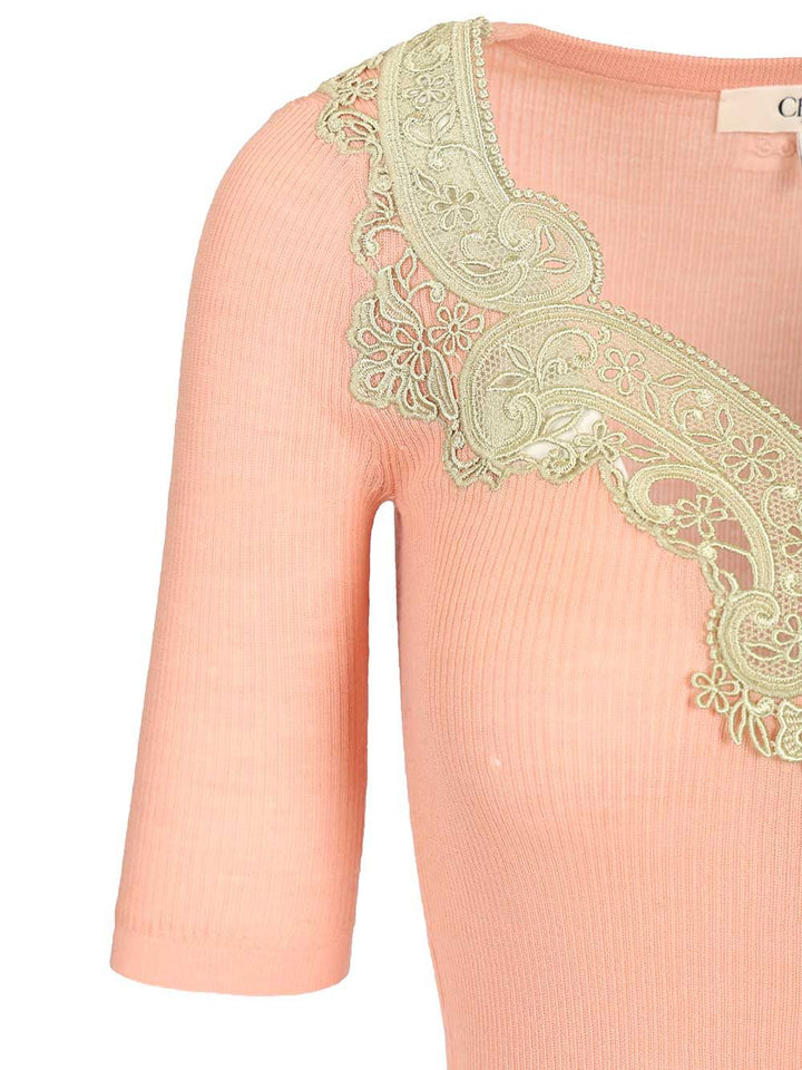 Chloe' Wool Rib Knitted & Guipure Sweater Knitwear - Rose | c9233eb6779d70dfdc9404c7f37b3d7e7459ba21