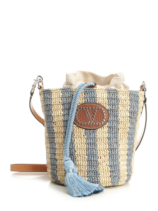 Small Bucket Bag | Vlogo Signature | Crochet Rafia Stripes/Lino/Vac.Liscia/To Crossbody Bags Light Blue