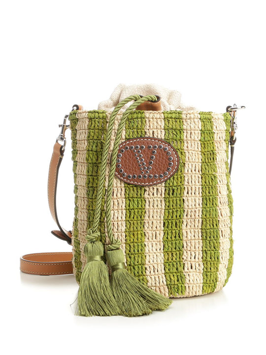Small Bucket Bag | Vlogo Signature | Crochet Rafia Stripes/Lino/Vac.Liscia/To Crossbody Bags Green