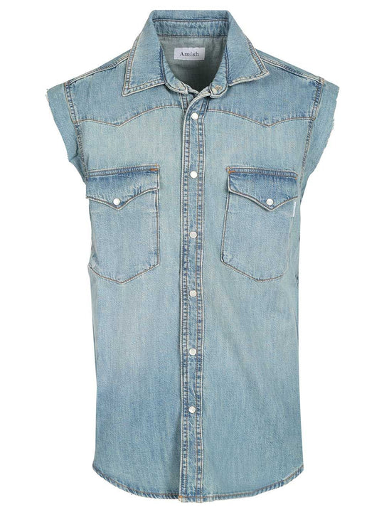 Sleeveless Denim Shirt Jackets Light Blue