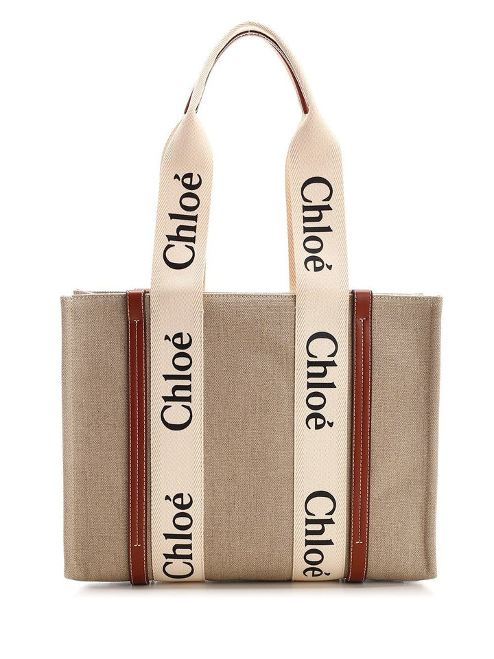 Chloe' Woody Linen Tote Bag Shoulder Bags - White | 78940b2b675a3eb4d93846351b951a66ddc8b1b1
