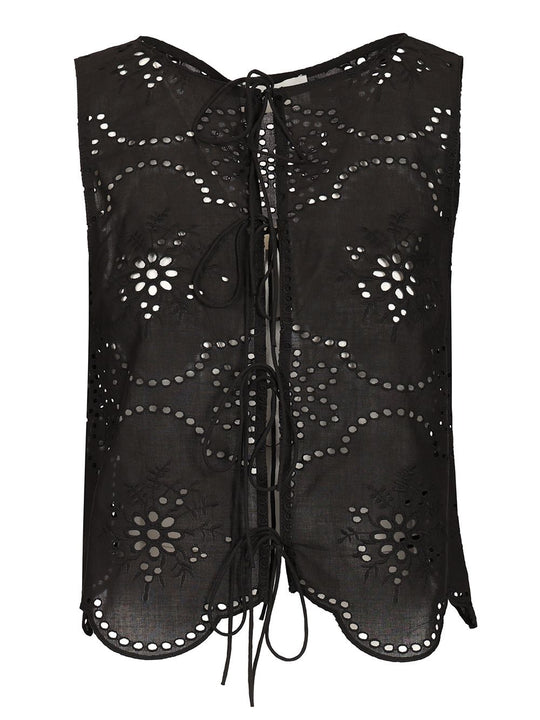 Broderie Tie Blouse Tops Black