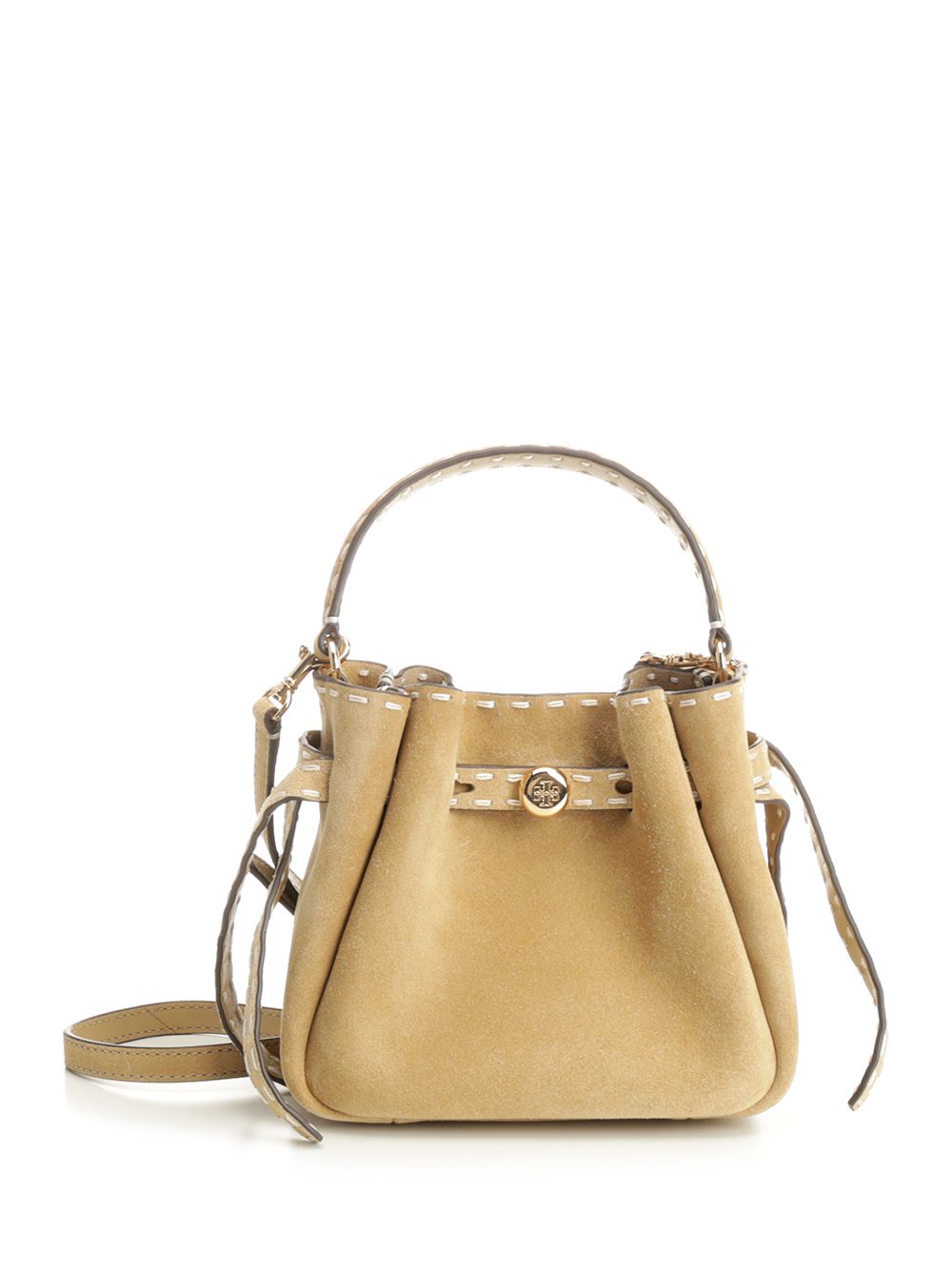 Tory Burch Romy Suede Pick Stitch Mini Bucket Bag Handbags - Beige | 81879c3ce8a4b875baf5160f4d731352a3e600d6