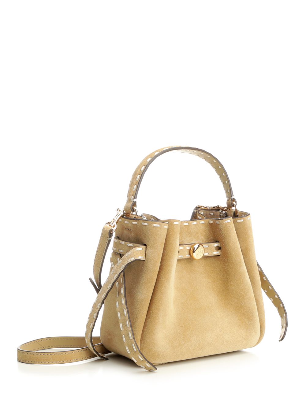 Tory Burch Romy Suede Pick Stitch Mini Bucket Bag Handbags - Beige | 87cc9042292a0a301c66d566fa4e1d2b18267eb4