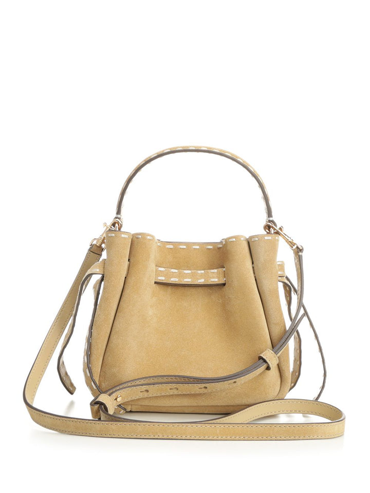 Tory Burch Romy Suede Pick Stitch Mini Bucket Bag Handbags - Beige | f06d4ff9e0a110ef528ae426fc5e7f539e37cabc