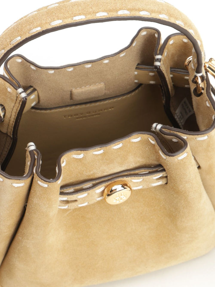Tory Burch Romy Suede Pick Stitch Mini Bucket Bag Handbags - Beige | 35251be05b07b8275c8dd4b9f38806d23890e595