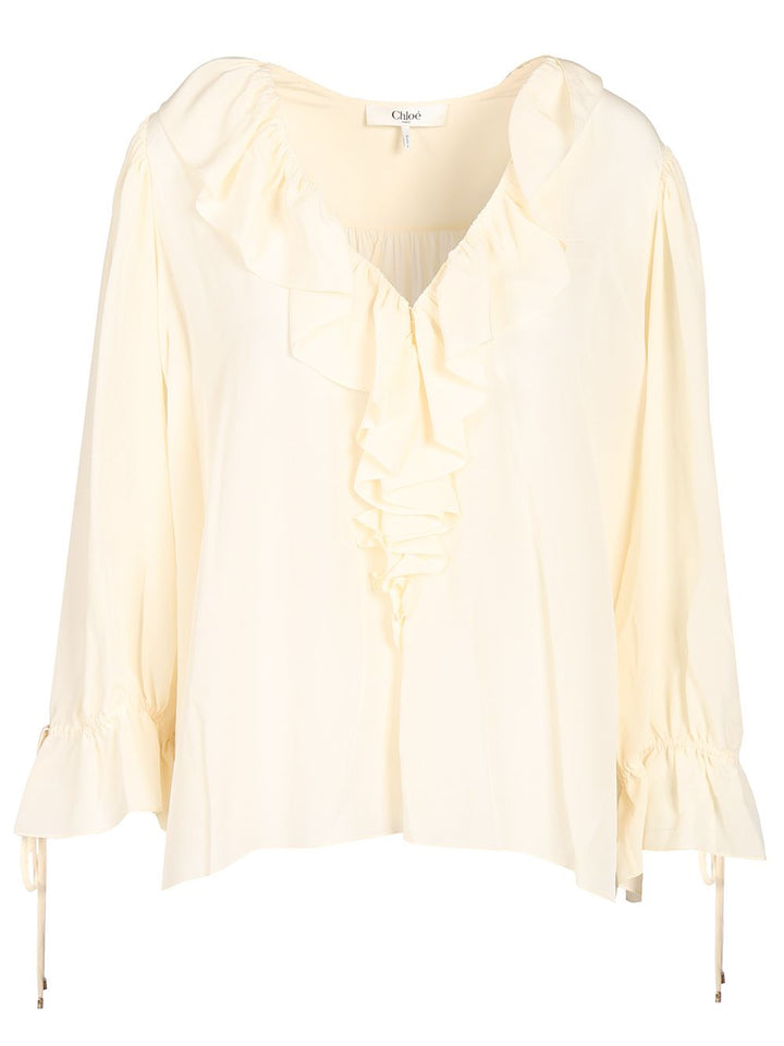 Chloe' Long-Sleeved Shirt Tops - White | 390c924bedb6ffce9342f32a4857eb1b67c127a6