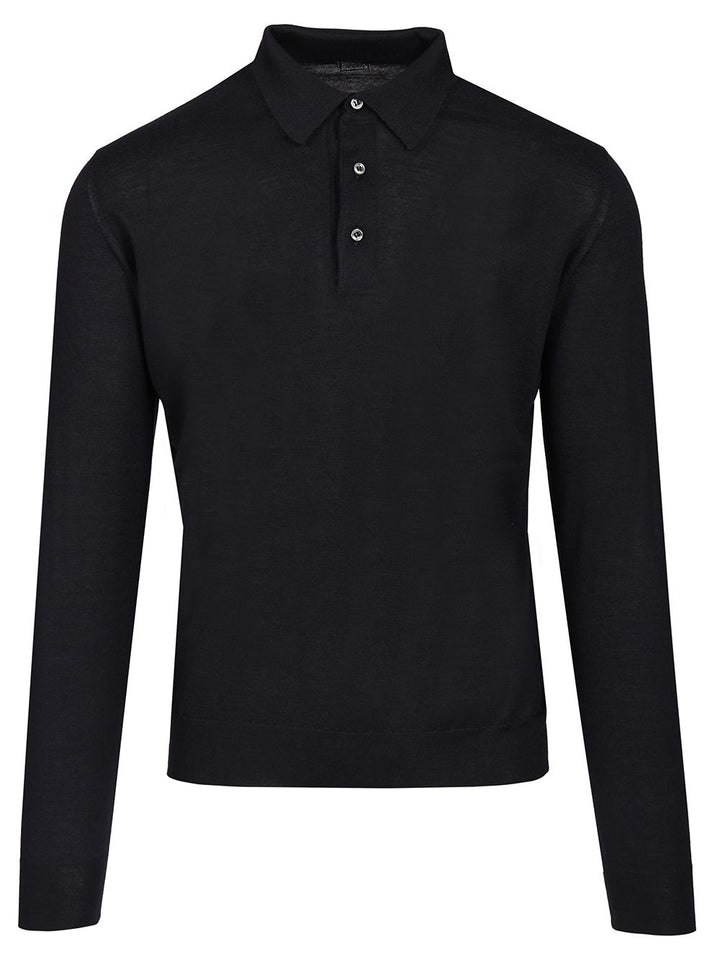 Fedeli Long-Sleeved Polo Shirt Knitwear - Blue | 3ddeea4412ff5f9f12edba5e77f9181555822725