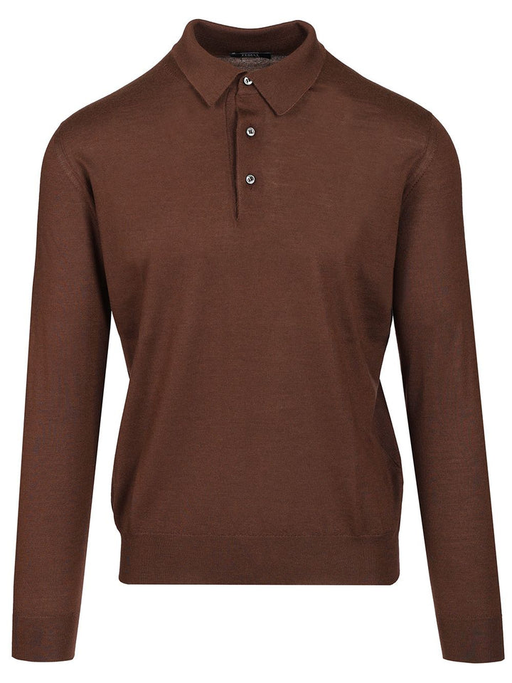 Fedeli Long-Sleeved Polo Shirt Knitwear - Brown | bac811762ef262c609e0cca5b1d1d8251180f7a1