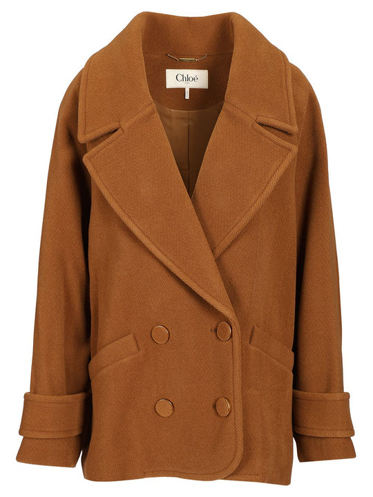 Short Double-Breasted Wool Coat With Herringbone Pattern Jackets Brown