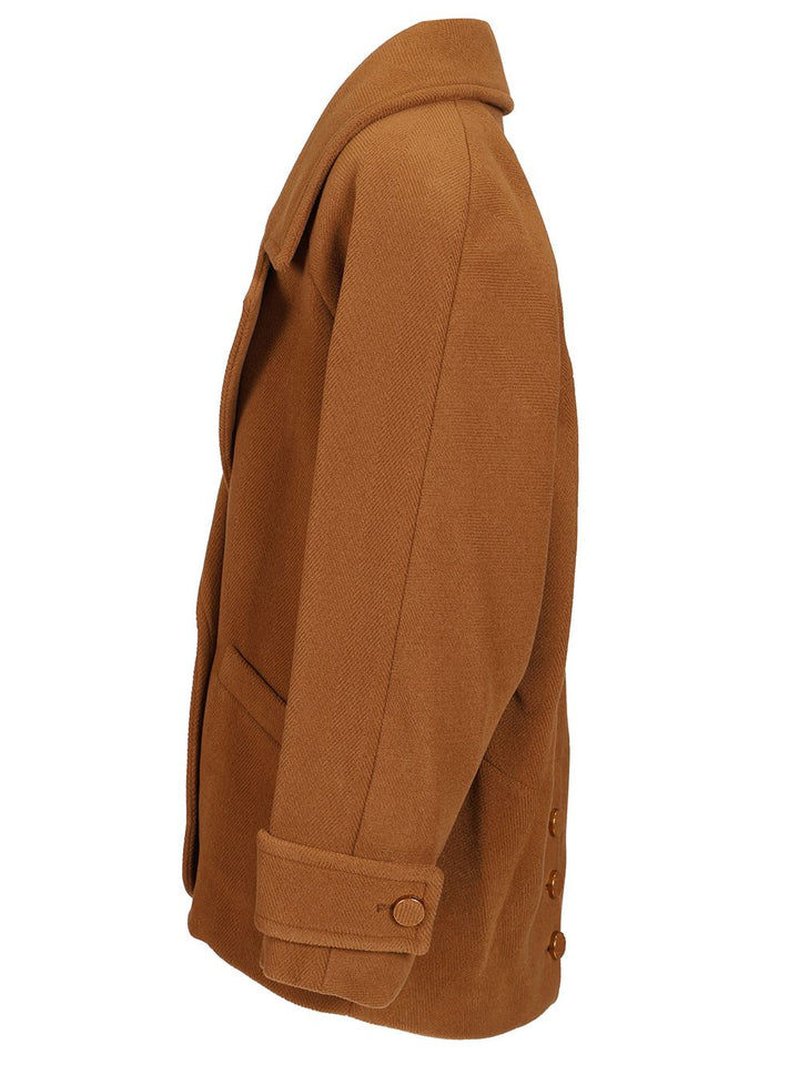 Chloe' Short Double-Breasted Wool Coat With Herringbone Pattern Coats - Brown | e6e75e628f9384bf181582157f188add641eb950