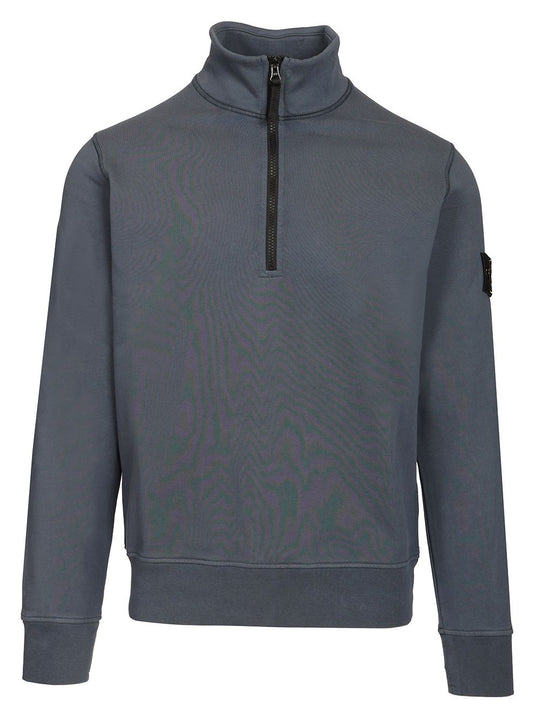 Organic Cotton Sweatshirt With Short Zip Knitwear Blue