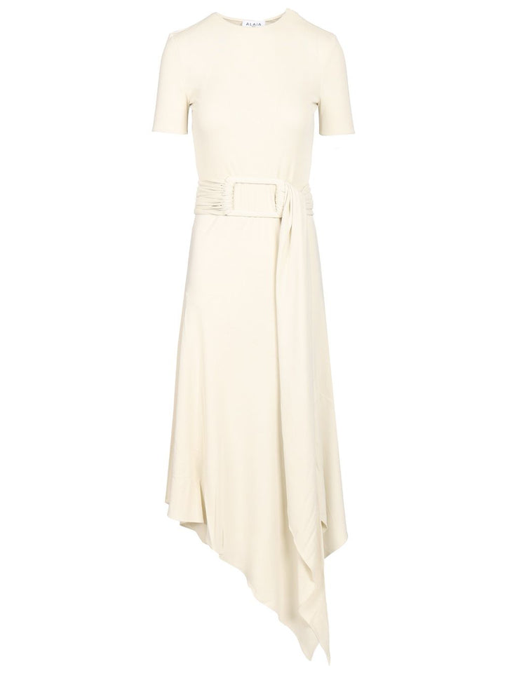 AlaÏA Jersey Dress With Belt Dresses - White | d4155a8de833c4dec80eb530332394fdb5455e97