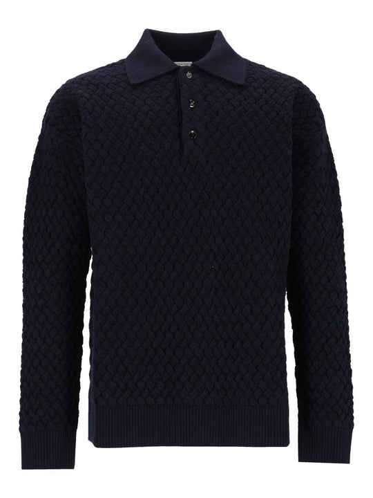 Woven Wool Polo Shirt Knitwear Blue