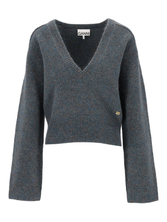 Melange Mohair Deep V-Neck Knitwear Blue