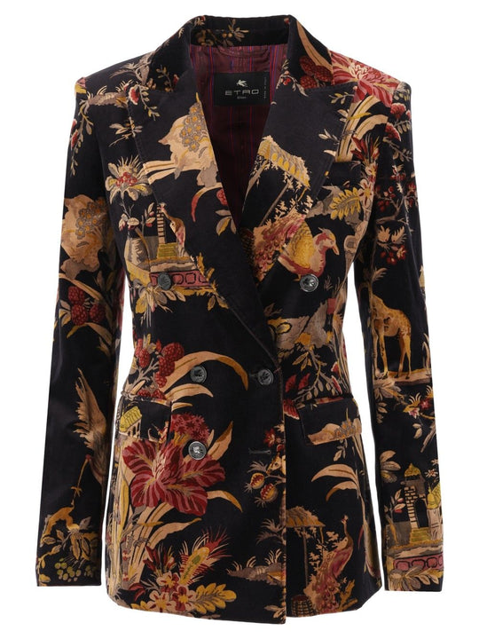Printed Velvet Double Breasted Blazer Jackets Multicolor