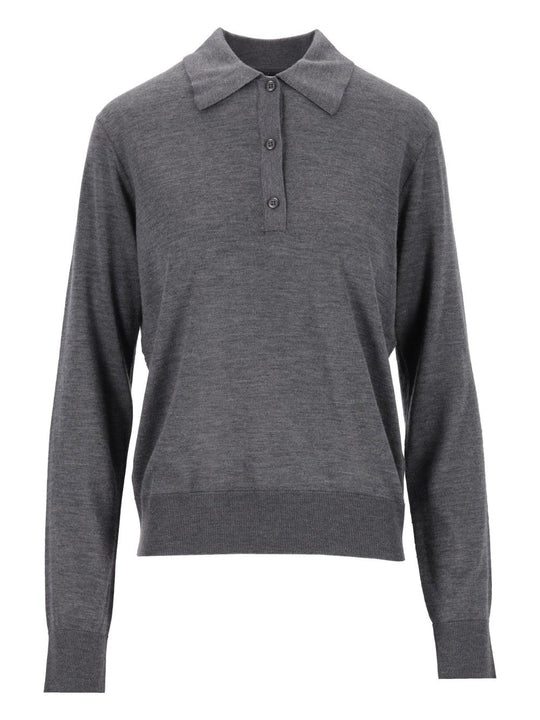 Miles Fine Knit Long-Sleeved Polo Shirt Knitwear Grey