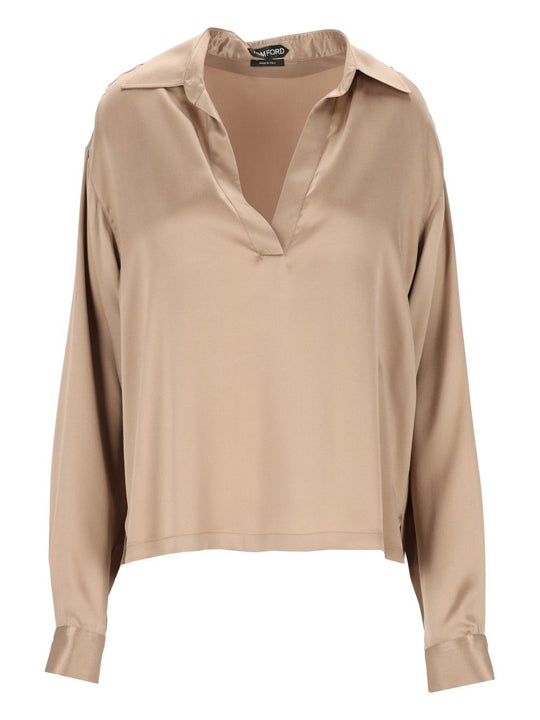 Peach-Feel Silk Satin Polo Shirts Beige