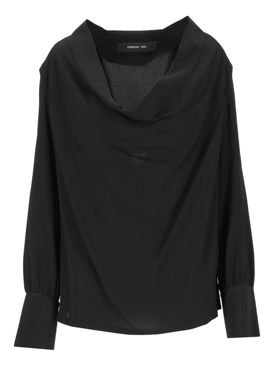 Blusa Scollatura Morbida E Profonda Misto Seta Tops Black